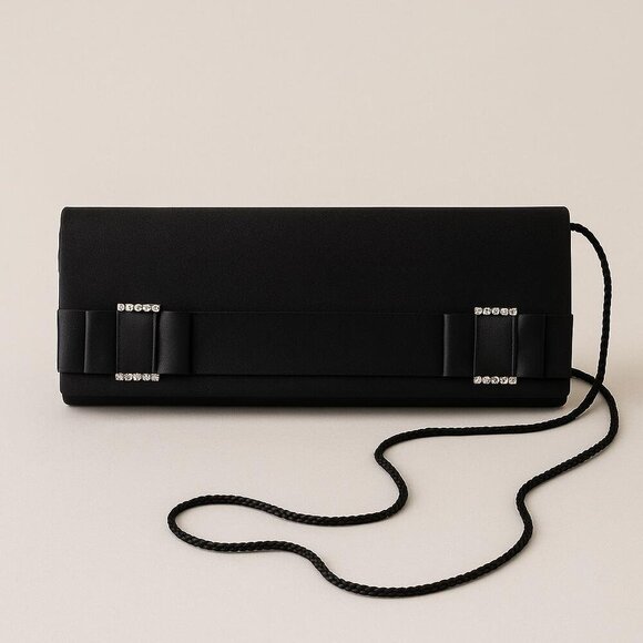 Elegant Black Satin Evening Clutch with Rhinestone Accents & Shoulder Strap - Picture 1 of 5